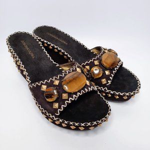 BCBGMaxAzria Brown Suede Studded Tiger's Eye Wedge Sandals 6.5